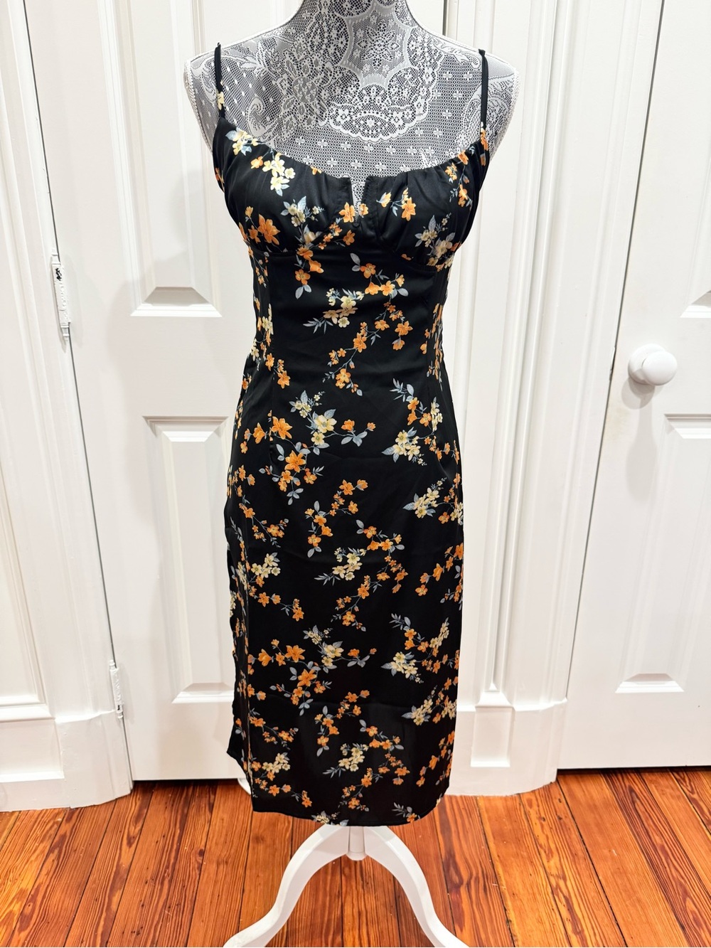 Black Floral Slip Dress w/ Orange & Cream Blossoms Sz. S Coquette Festival Fairy